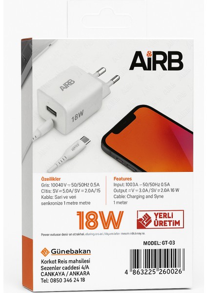 Arb 18W Hızlı Şarj Adaptörü + Type-C Kablo | Qualcomm Quick Charge 3.0 | Model GT03 fiyatları