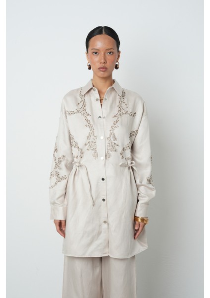 Kadın Boncuk Işlemeli Belden Büzgülü Çıtçıt Kapamalı Ceket