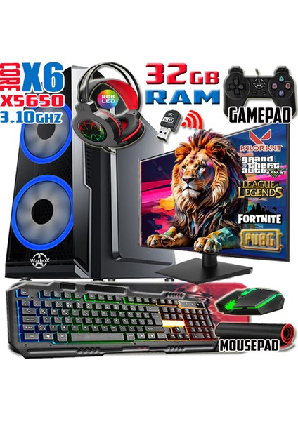 King 24" Monitör Xeon X5650 32gb Ram 256gb Ssd 250gb hdd R7 240-4gb E.kartı Gaming Takım Bilgisayar