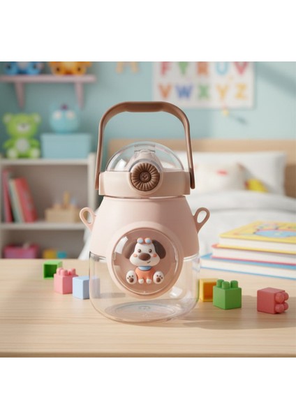 Sevimli Figürlü Pipetli Boyun Askılı Matara Otomatik Kapaklı Çocuk Matarası Okul Matarası 1000 ml