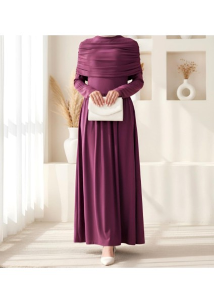 Mürdüm Pile Detaylı Uzun Kollu Sandy Kumaş Boydan Elbise