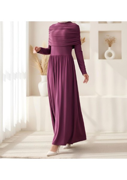 Mürdüm Pile Detaylı Uzun Kollu Sandy Kumaş Boydan Elbise fiyatları