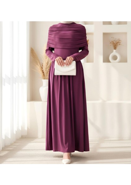 Mürdüm Pile Detaylı Uzun Kollu Sandy Kumaş Boydan Elbise modelleri