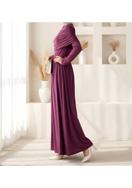 Mürdüm Pile Detaylı Uzun Kollu Sandy Kumaş Boydan Elbise fırsatları