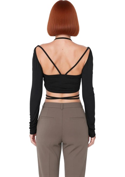 Kadınlar Için Bağcıklı Detaylı Uzun Kollu Crop Üst Kaliteli Şık Rahat Modern Zarif Günlük fiyatları