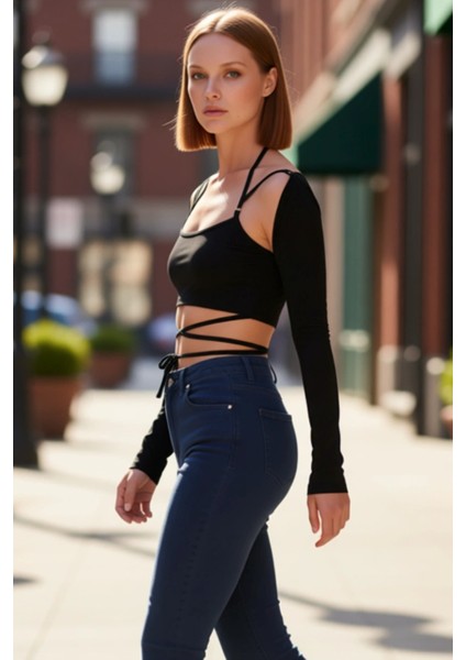 Kadınlar Için Bağcıklı Detaylı Uzun Kollu Crop Üst Kaliteli Şık Rahat Modern Zarif Günlük modelleri