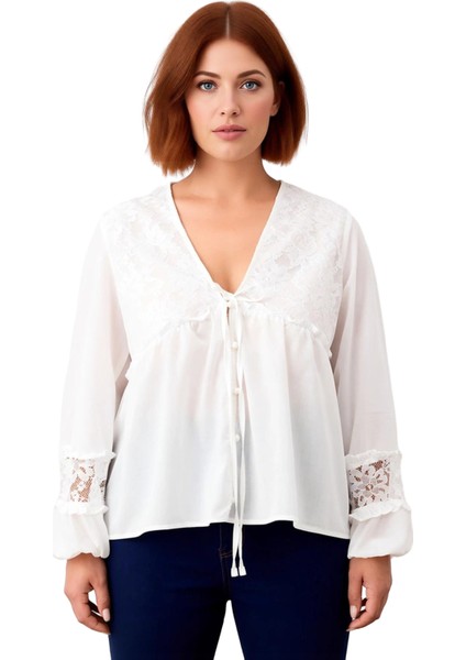 Kadınlar Için Büyük Beden V Yaka Balon Kol Dantel Detaylı Bluz Kaliteli Şık Rahat Modern Zarif
