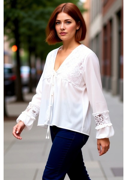 Kadınlar Için Büyük Beden V Yaka Balon Kol Dantel Detaylı Bluz Kaliteli Şık Rahat Modern Zarif modelleri