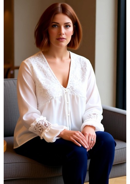 Kadınlar Için Büyük Beden V Yaka Balon Kol Dantel Detaylı Bluz Kaliteli Şık Rahat Modern Zarif fırsatları