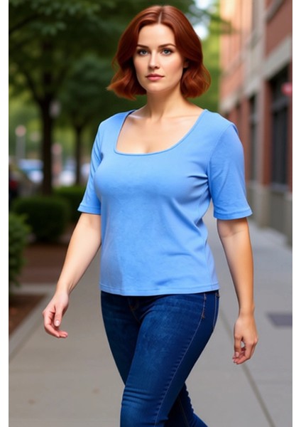 Kadın Büyük Beden Kaşkorse Örme Kare Yaka Tişört Kaliteli Şık Rahat Modern Zarif Günlük modelleri