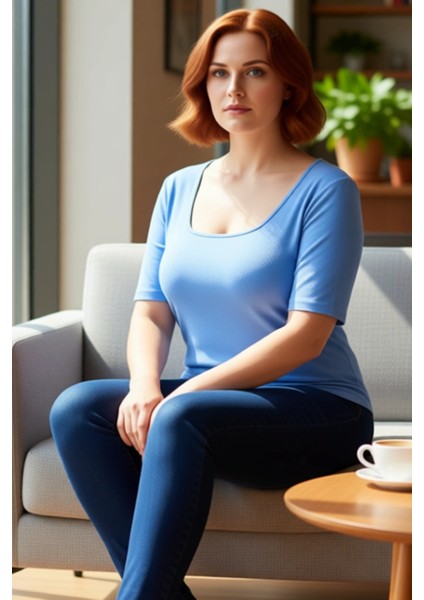 Kadın Büyük Beden Kaşkorse Örme Kare Yaka Tişört Kaliteli Şık Rahat Modern Zarif Günlük fırsatları