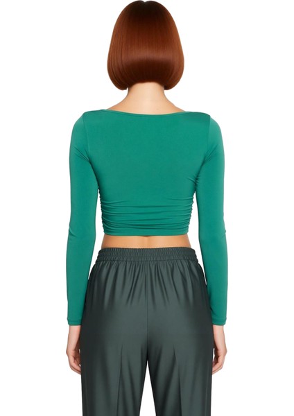 Moda Kalp Yaka Örme Fit Düz Desen Şık Gece Crop Uzun Kol Bluz fiyatları