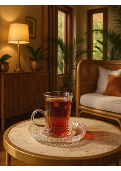 Kristal 6 Parça Kulplu Çay Bardağı ve Kristal Çay Tabağı 6 Parça