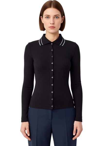 Kadın Düğmeli Polo Yaka Slim Fit Uzun Kollu Örme Üst Kaliteli Şık Rahat Modern Zarif Günlük