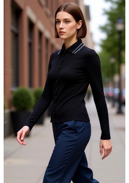 Kadın Düğmeli Polo Yaka Slim Fit Uzun Kollu Örme Üst Kaliteli Şık Rahat Modern Zarif Günlük modelleri