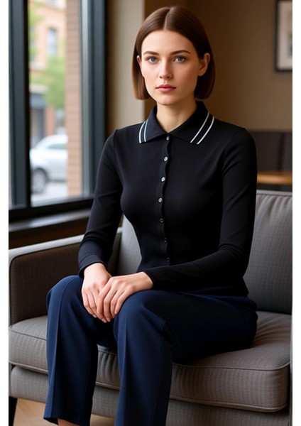 Kadın Düğmeli Polo Yaka Slim Fit Uzun Kollu Örme Üst Kaliteli Şık Rahat Modern Zarif Günlük fırsatları