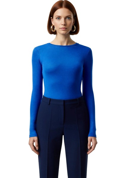 Kadın Fitted Viskoza Elastan Karışımlı Bluz Pembe Bisiklet Yaka Crop Kesim Uzun Kollu Tüm Sezonlar