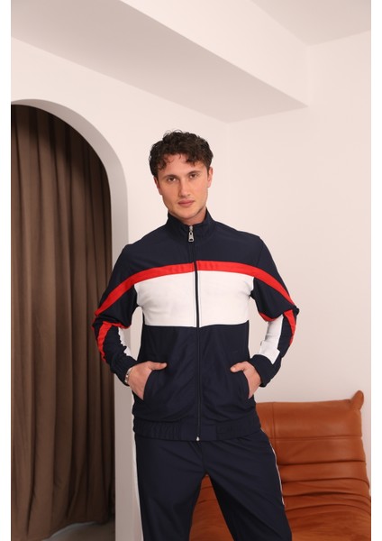 Erkek Lacivert Özel Seri Kırmızı ve Beyaz Şerit Detaylı Eşofman Takımı fırsatları