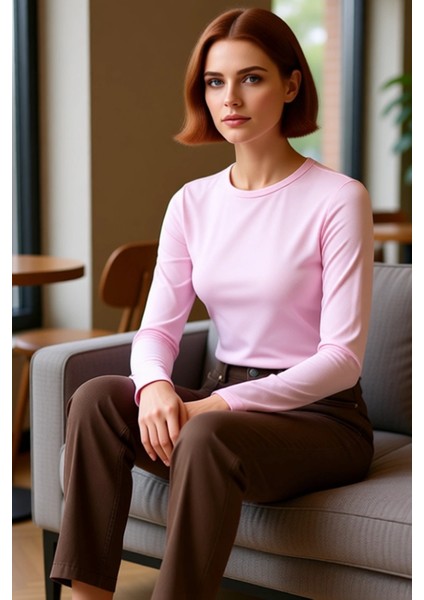 Kadın Fitted Viskoza Elastan Karışımlı Bluz Pembe Bisiklet Yaka Crop Kesim Uzun Kollu Tüm Sezonlar fırsatları