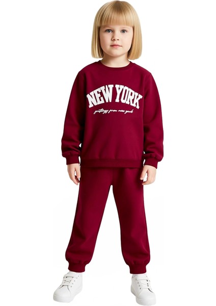 Kız Çocuk Pamuklu Slogan Baskılı Bisiklet Yaka Sweatshirt ve Eşofman Altı Takımı Kaliteli Şık