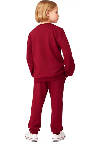 Kız Çocuk Pamuklu Slogan Baskılı Bisiklet Yaka Sweatshirt ve Eşofman Altı Takımı Kaliteli Şık