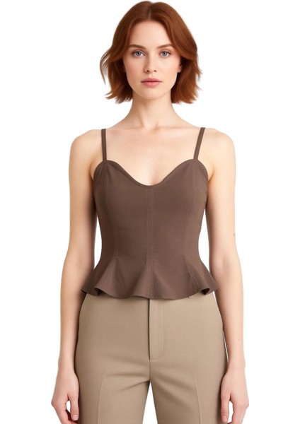 Kadın Dokuma Bluz Peplum Detaylı Kalp Yaka Kolsuz Gabardin Kumaş Casual Tarz Kaliteli Şık Rahat