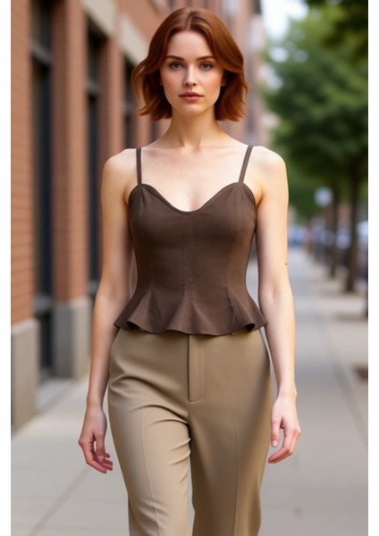 Kadın Dokuma Bluz Peplum Detaylı Kalp Yaka Kolsuz Gabardin Kumaş Casual Tarz Kaliteli Şık Rahat modelleri