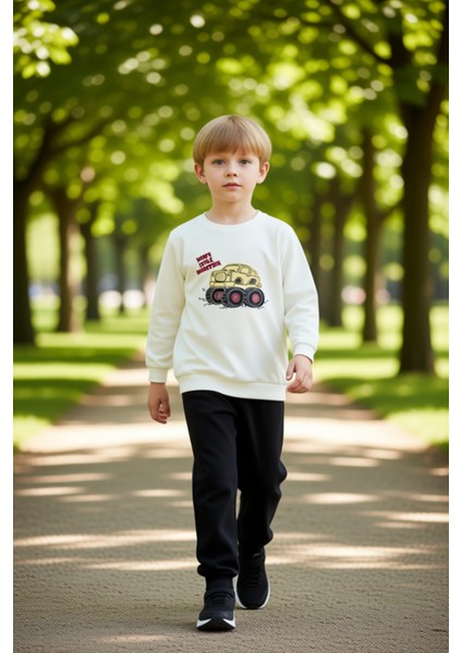 Erkek Çocuk %100 Pamuklu Örme Bisiklet Yaka Sweatshirt ve Eşofman Altı Takımı Canavar Kamyonet fırsatları