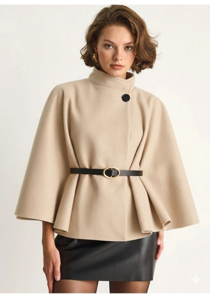 Kadın Kemerli Kaşe Panço- Bej