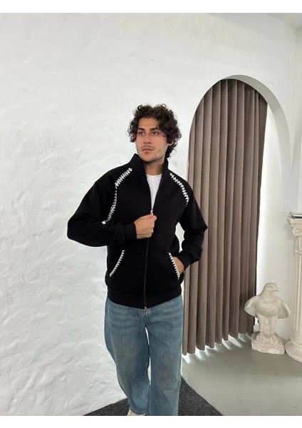 Erkek Oversize Dik Yaka Fermuarlı Sweatshirt - Zincir Nakışli Kanguru Cepli - Siyah modelleri