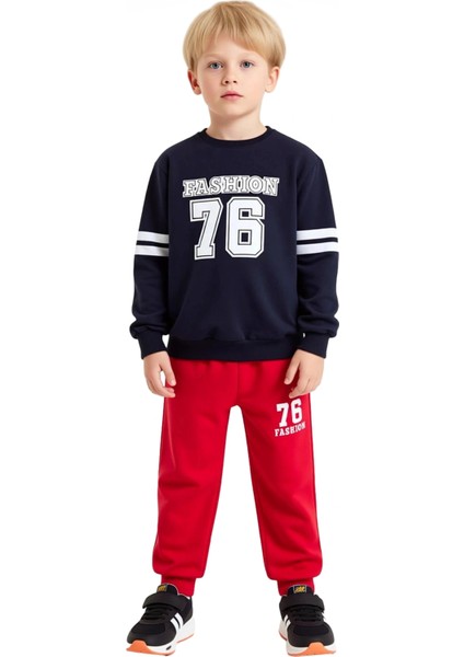 Erkek Çocuk Pamuklu Slogan Detaylı Örme Sweatshirt ve Eşofman Altı Takımı Kaliteli Şık Rahat