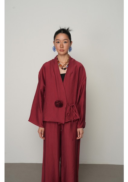 Kadın Gül Detaylı Yandan Bağlamalı Düz Renk Kimono-Ceket