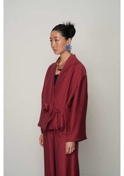 Kadın Gül Detaylı Yandan Bağlamalı Düz Renk Kimono-Ceket fiyatları