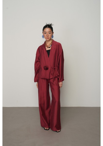 Kadın Gül Detaylı Yandan Bağlamalı Düz Renk Kimono-Ceket fırsatları