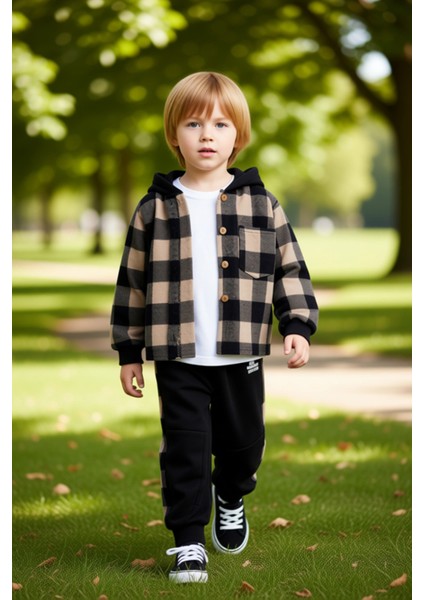 Erkek Çocuk Kapüşonlu Gömlek ve Pamuklu Alt Giyim Seti Kaliteli Şık Rahat Günlük fırsatları