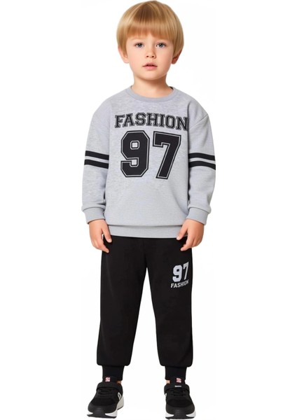 Erkek Çocuk Pamuklu Slogan Detaylı Örme Sweatshirt ve Eşofman Altı Takımı Kaliteli Şık Rahat