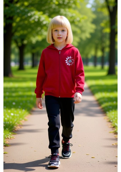 Kız Çocuk Slogan Detaylı Fermuarlı Üst ve Eşofman Takımı Kaliteli Şık Rahat Günlük fırsatları