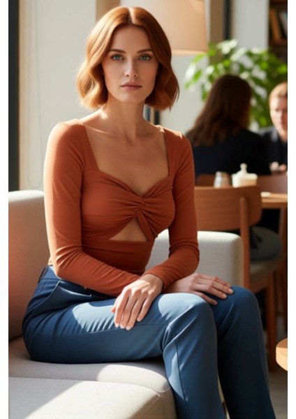 Moda Kalp Yaka Örme Fit Düz Desen Şık Gece Crop Uzun Kol Bluz fırsatları