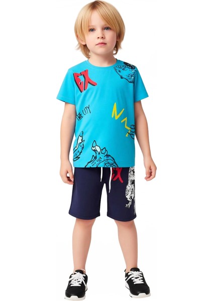 Çocuklar Için Dinozor Temalı Pamuklu T Shirt ve Şort Seti Kaliteli Şık Rahat Günlük