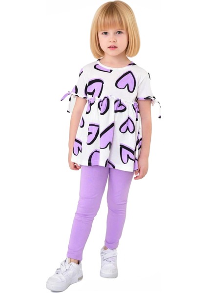 Kız Çocuk Kalp Baskılı Pamuklu Örme Üst ve Esnek Tayt Ikili Set Kaliteli Şık Rahat