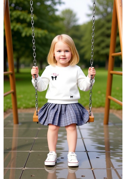Kız Çocuk Ekose Desenli Pileli Etek ve Bisiklet Yaka Üst Takım Kaliteli Şık Rahat fiyatları