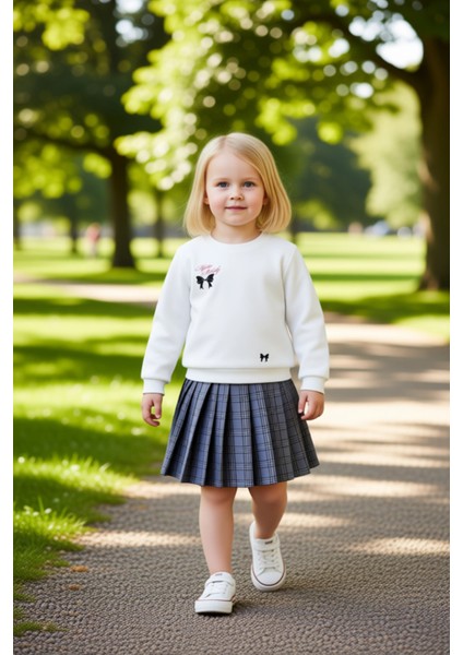 Kız Çocuk Ekose Desenli Pileli Etek ve Bisiklet Yaka Üst Takım Kaliteli Şık Rahat fırsatları
