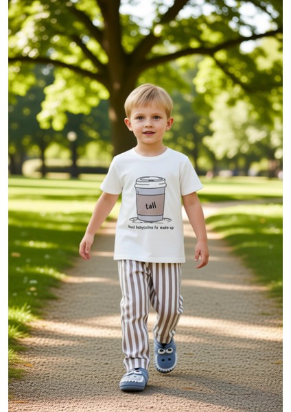 Erkek Çocuklar Için Eğlenceli Kahve Baskılı Pijama Takımı Kaliteli Şık Rahat Günlük fırsatları