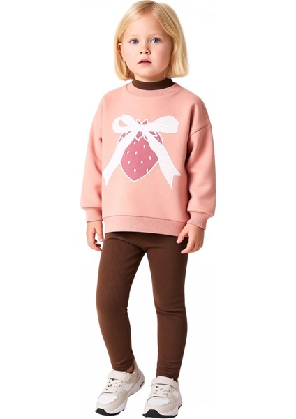 Kız Çocuk Pamuklu Baskılı Bisiklet Yaka Oversize Sweatshirt ve Tayt Seti Kaliteli Şık Rahat