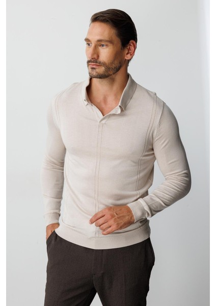 Bej Standart Fit Polo Yaka Düz Uzun Kollu Triko