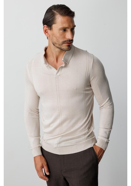 Bej Standart Fit Polo Yaka Düz Uzun Kollu Triko fiyatları