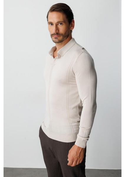 Bej Standart Fit Polo Yaka Düz Uzun Kollu Triko modelleri