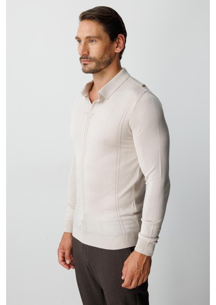 Bej Standart Fit Polo Yaka Düz Uzun Kollu Triko fırsatları