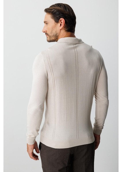 Bej Standart Fit Polo Yaka Düz Uzun Kollu Triko indirimleri