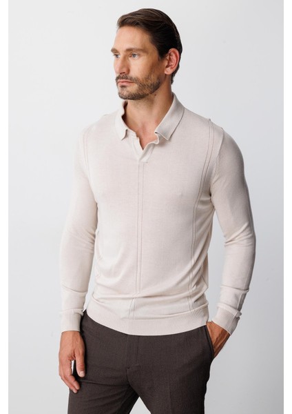 Bej Standart Fit Polo Yaka Düz Uzun Kollu Triko